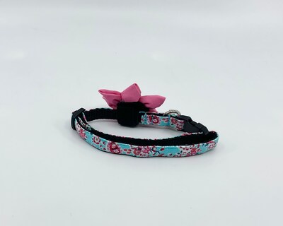 Cat Collar With Optional Flower Or Bow Tie Pink Roses On Teal Breakaway Collar Adjustable Sizes S Kitten, M, L - image3